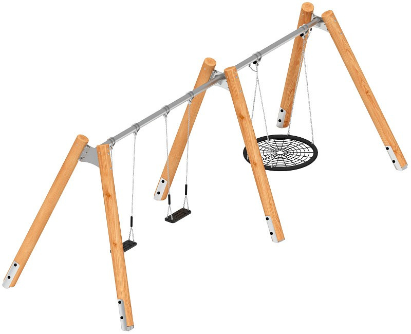 Качели (Лиственница) ИО 13.Р.05.03.03.01-Л.И1 Габариты (ШхДхВ): 6600х2250х2470 Зона безопасности, мм: 6600х7500 Возрастные ограничения от 3 лет