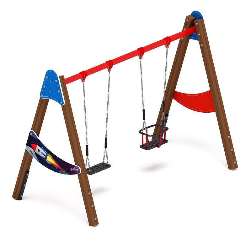 Качели двойные Д2 - ИО 12.Д.03.04.02-И1 - (Космопорт) Габариты (ШхДхВ): 3050x1600x2230 Зона безопасности, мм: 3050х6950 Возрастные ограничения от 3 лет, весом не более 70 кг