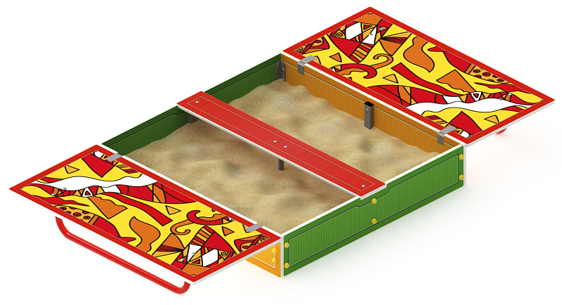 Песочница с крышкой средняя (Рыбы) - ИО 5.01.11-04 Габариты (ШхДхВ): в закрытом виде 1200х1240х443 в открытом виде 2380х1200х220 Зона безопасности, мм: 3380х2200