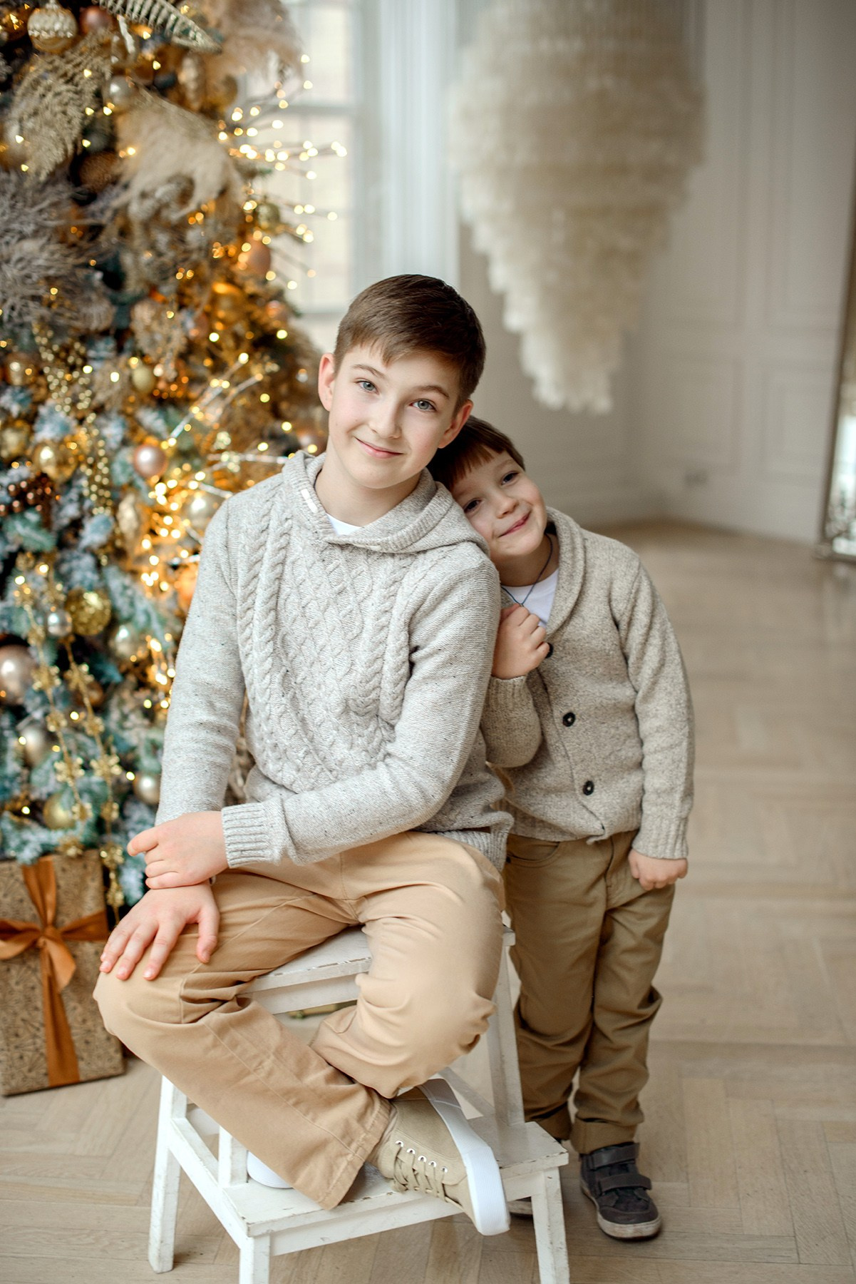 Brothers, two boys, Studio photo shoot at Christmas time