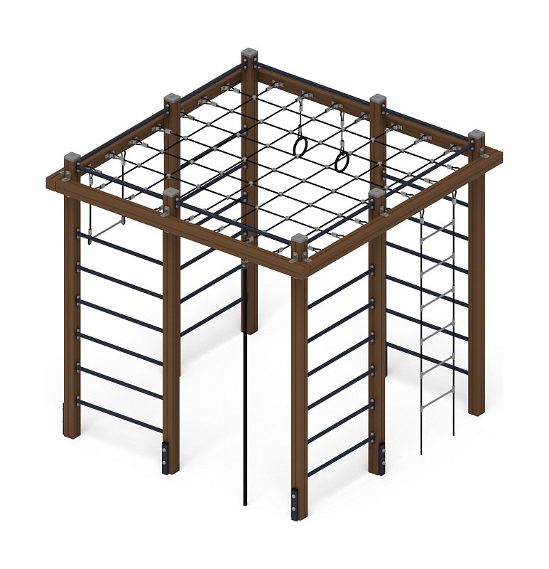 Спортивный комплекс Маугли - СК 2.02.01-01 Габариты (ШхДхВ): 2600х2600х2500 Зона безопасности, мм: 5600х5600 Возрастные ограничения 5-12 лет