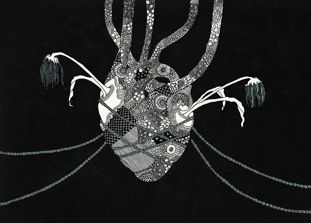 Мрачный и детальный арт анатомического сердца, оплетенного узорами, проводами и сухими растениями. Иллюстрация выполнена в стиле готика и сюрреализм на черном фоне. Идеально для дизайна обложки альбома, тату-эскиза или постера для интерьера в готическом стиле. Мрачный арт на заказ.