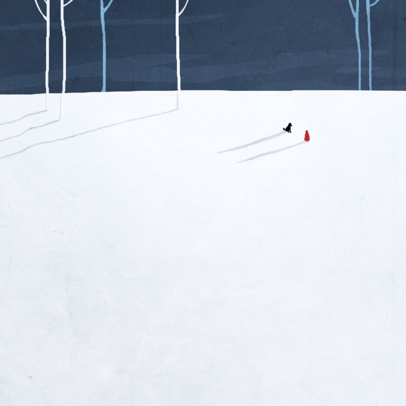 Минималистичная иллюстрация по мотивам сказки "Красная шапочка и волк". Зимний пейзаж со снежным полем и стилизованными деревьями. Идеально подходит в качестве обложки для книги, постера для интерьера или оригинального подарка для любителя сказок. Заказать арт по мотивам любимой сказки в минималистичном стиле.