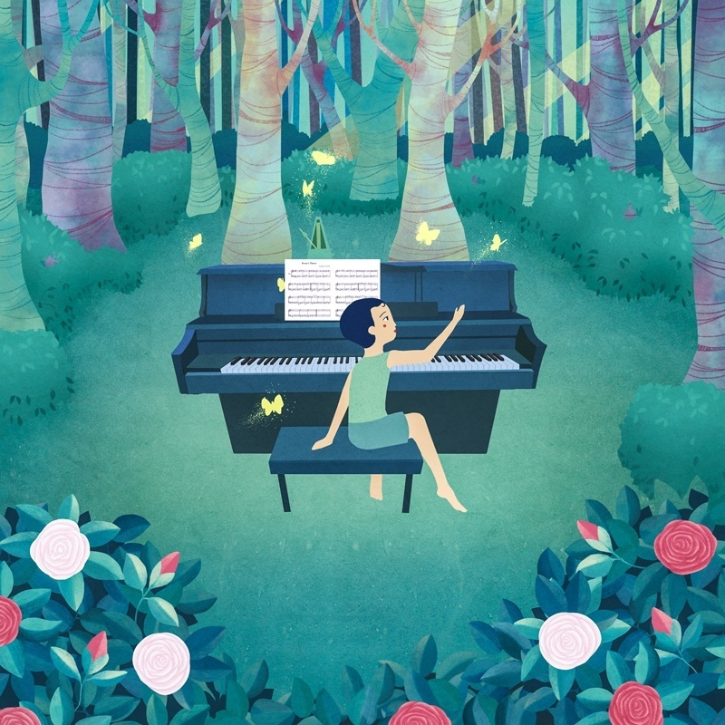 Сказочная иллюстрация для музыканта в подарок. Мальчик сидит за черным пианино в волшебном лесу, окруженный светящимися бабочками и цветами. Арт выполнен в стиле фэнтези и детской иллюстрации. Заказать портрет для обложки книги, персональный портрет для музыканта по фото или уникальный постер для интерьера.