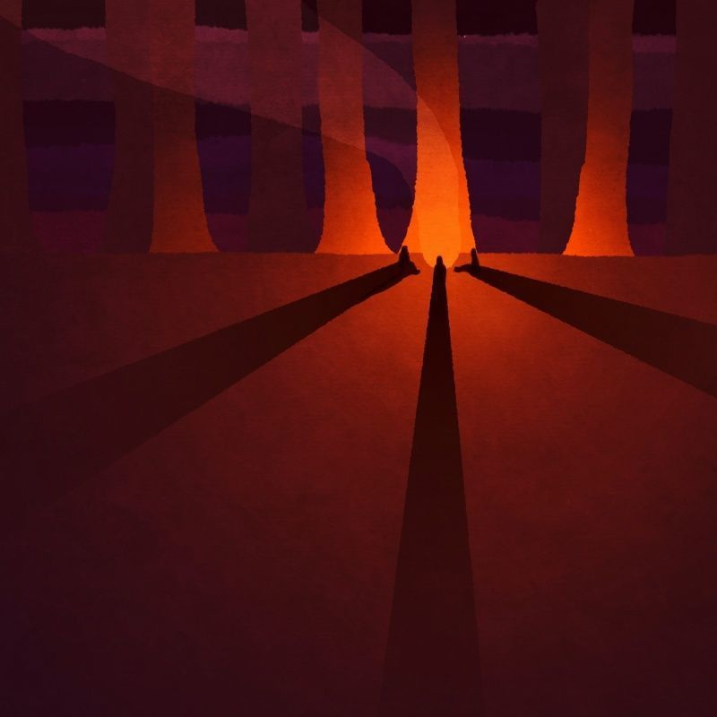 Атмосферная иллюстрация с тремя путниками у костра. Ночной пейзаж в лесу с длинными тенями, отбрасываемыми от яркого оранжевого огня. Арт выполнен в минималистичном, но очень выразительном стиле. Заказать уникальный атмосферный арт для своей истории.