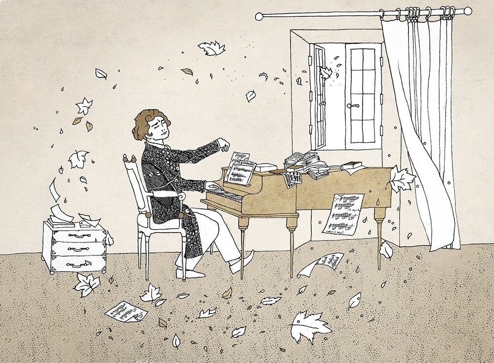 Задумчивый пианист, вдохновенно играющий на фортепиано в окружении летающих нот и осенних листьев. Иллюстрация в винтажном стиле, выполненная тонкими черными линиями на бежевом фоне. Открытое окно с развевающейся занавеской и падающими листьями создает творческую и меланхоличную атмосферу. Идеальный арт для любителей музыки, писателей и творческих людей. Заказать иллюстрацию для обложки книги, музыкального альбома, постера или открытки в винтажном стиле. Оригинальный подарок для музыканта или композитора.