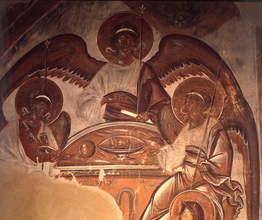 Троица. Фреска в Троицком приделе ц. Спаса Преображения на Ильине улице. Феофан Грек. 1374г