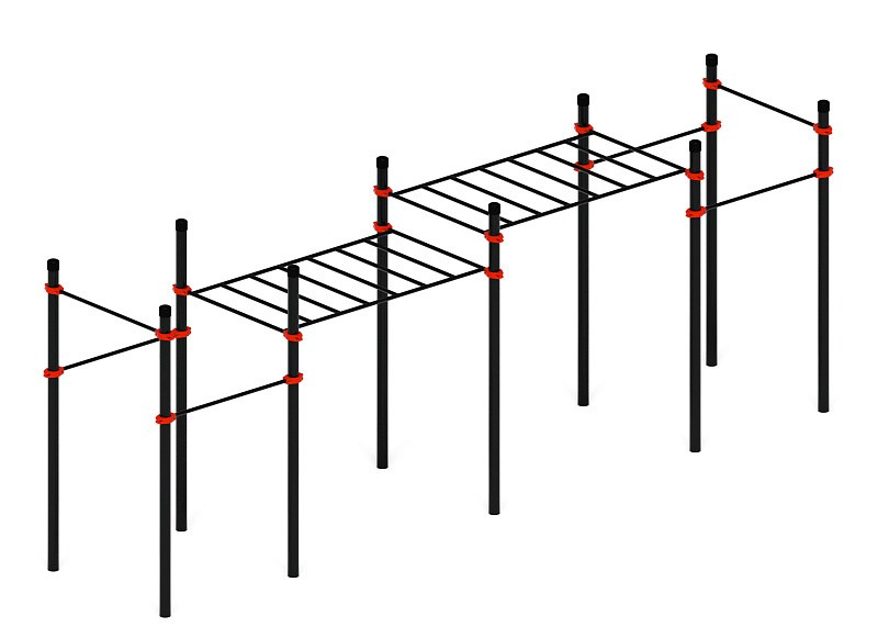 Воркаут 108 красный ВТ 12.20-01 Габариты (ШхДхВ):7080х1520х2600 Зона безопасности, мм:10080х4520 Возрастные ограничения от 14 лет, весом не более 100 кг