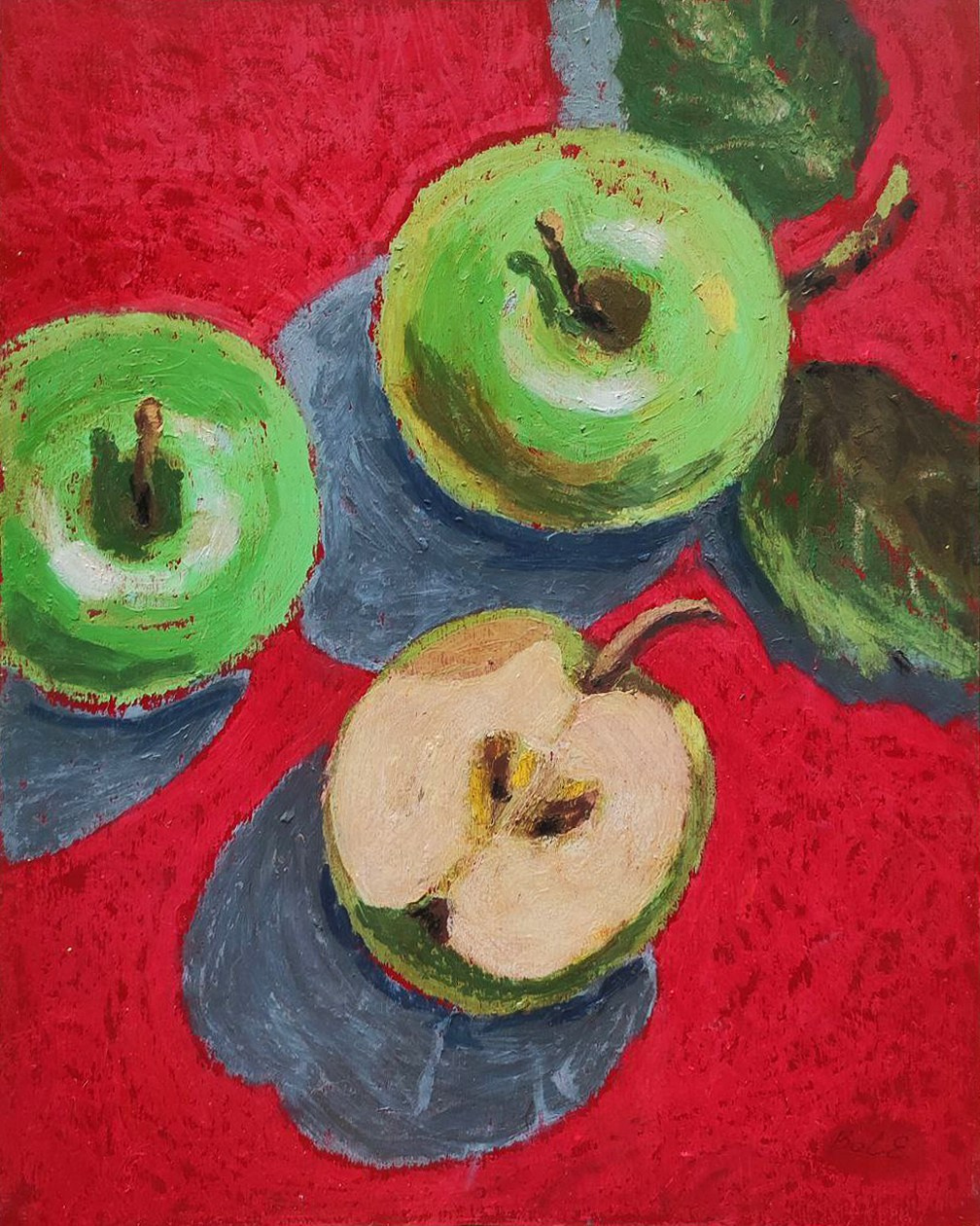 Картина масляной пастелью «Зелёные яблоки» 20×25 см — яркий натюрморт на картоне от художницы. Галерея авторских картин художницы Бельмесовой Евгении