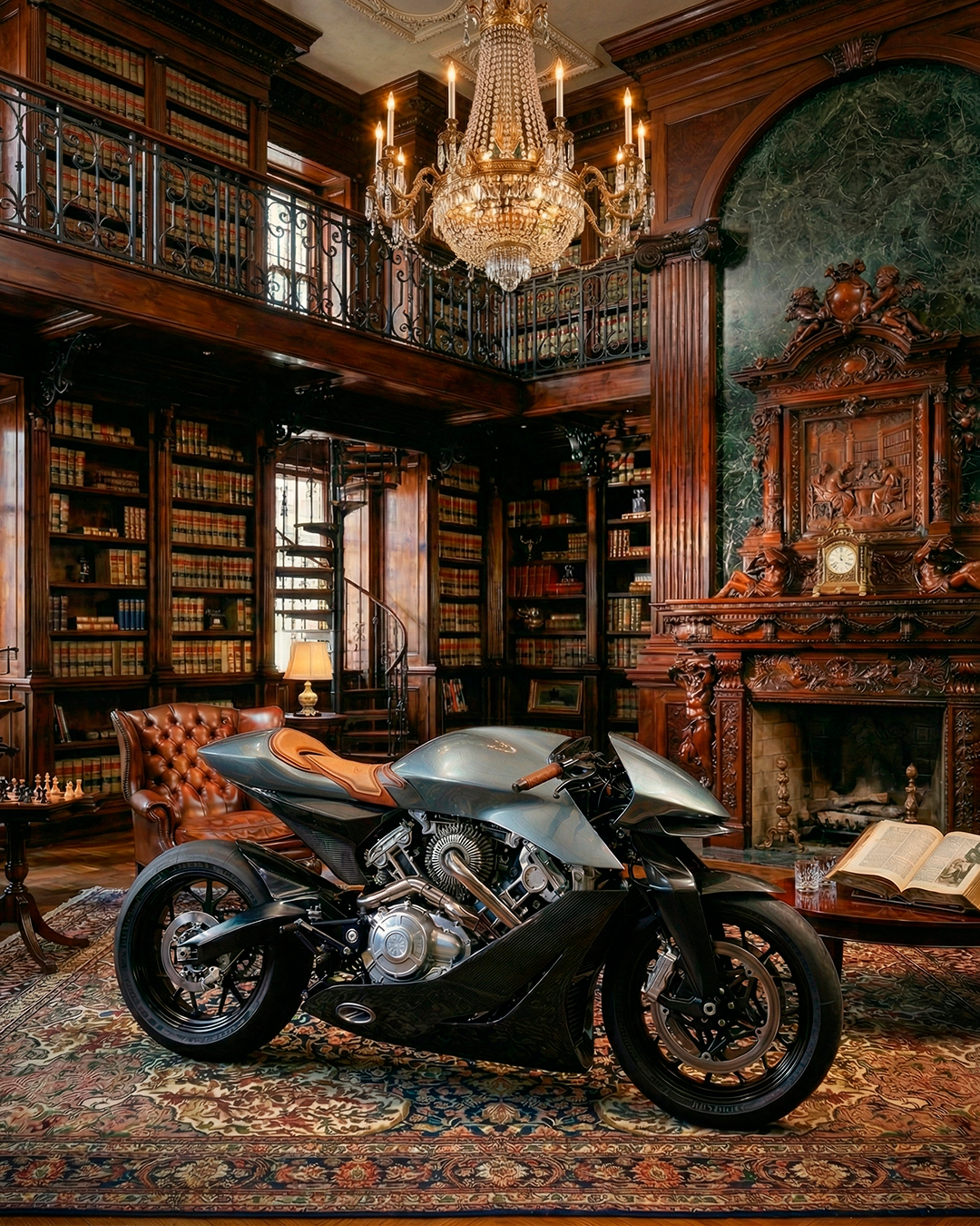 CGI изображение мотоцикла Brough Superior x Aston Martin AMB 001 в три четверти спереди слева. Мотоцикл серебристо-стального цвета с матовым карбоновым обтекателем и коньячным кожаным седлом стоит на персидском ковре в викторианской двухуровневой библиотеке с тёмным деревом, хрустальной люстрой со свечами и резным камином с зелёным мраморным фоном.