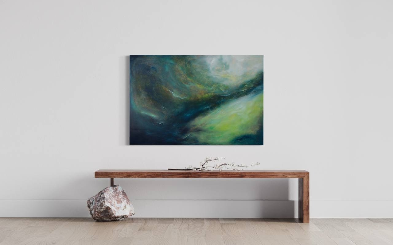 Abstract oil painting of deep green and blue swirling shapes. Pavel Korshun — Contemporary Plein Air