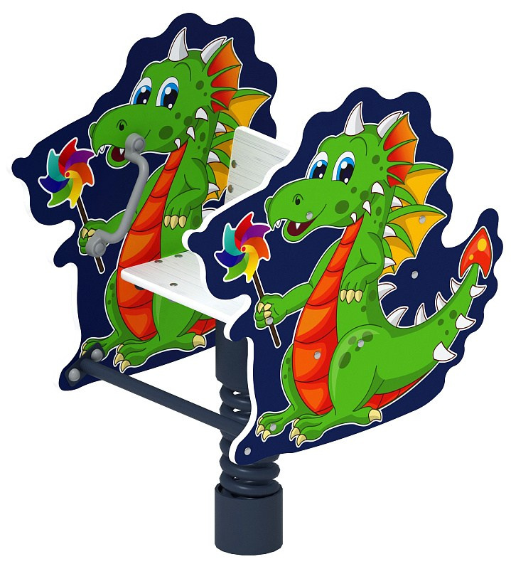 Дракоша - Качалка на пружине - ИО 22.01.09-И1 Габариты (ШхДхВ): 790х560х1030 Зона безопасности, мм: 2790х2560 Возрастные ограничения весом не более 70 кг