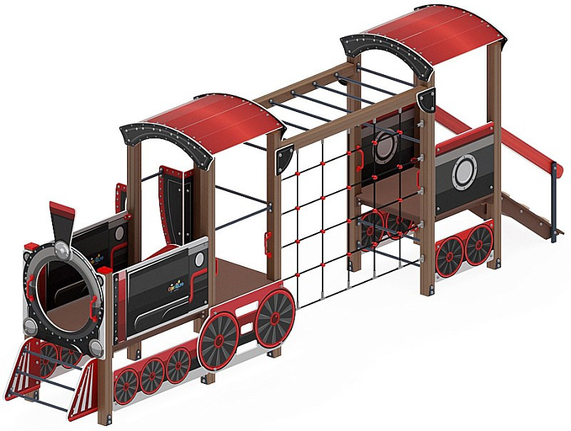 Паровозик (черный) - ДИК 1.03.5.03-02 - Игровой комплекс H=750                                                                                                                        Габариты (ШхДхВ): 6760x2320x2380                                                                                                                                                                     Зона безопасности, мм: 9760х5820                                                                                                                                                                         Скат горки: H=750 (металлический скат)