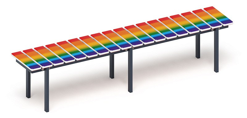 Скамья - МФ 42.01.15 (Радуга) Габариты (ШхДхВ): 380х1860х470 мм Зона безопасности, мм: 1380х2200 Возрастные ограничения от 3 лет 