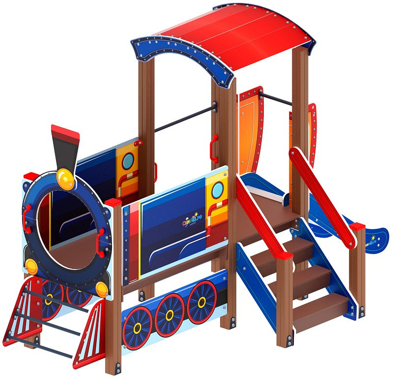 Паровозик (синий) - ДИК 1.03.5.01-01 - Игровой комплекс H=750                                                                                                                          Габариты (ШхДхВ): 4020x1740x2380                                                                                                                                                                     Зона безопасности, мм: 7520х4740                                                                                                                                                                         Скат горки: H=750 (металлический скат)
