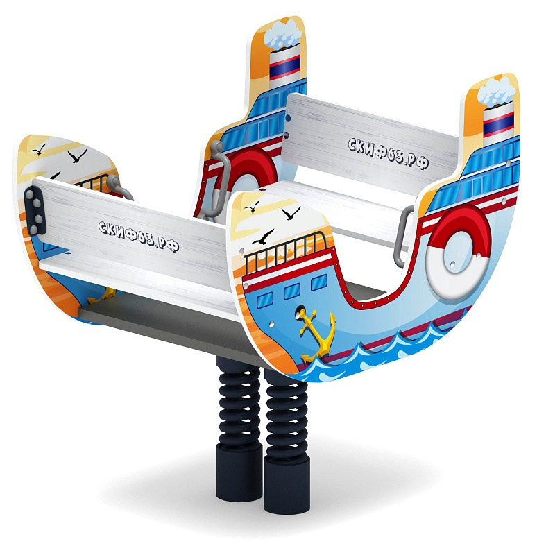 Пароходик - Качалка на пружине двухместная - ИО 23.17.01-И1 Габариты (ШхДхВ): 1230х830х1210 Зона безопасности, мм: 3200x2840 Возрастные ограничения весом не более 70 кг