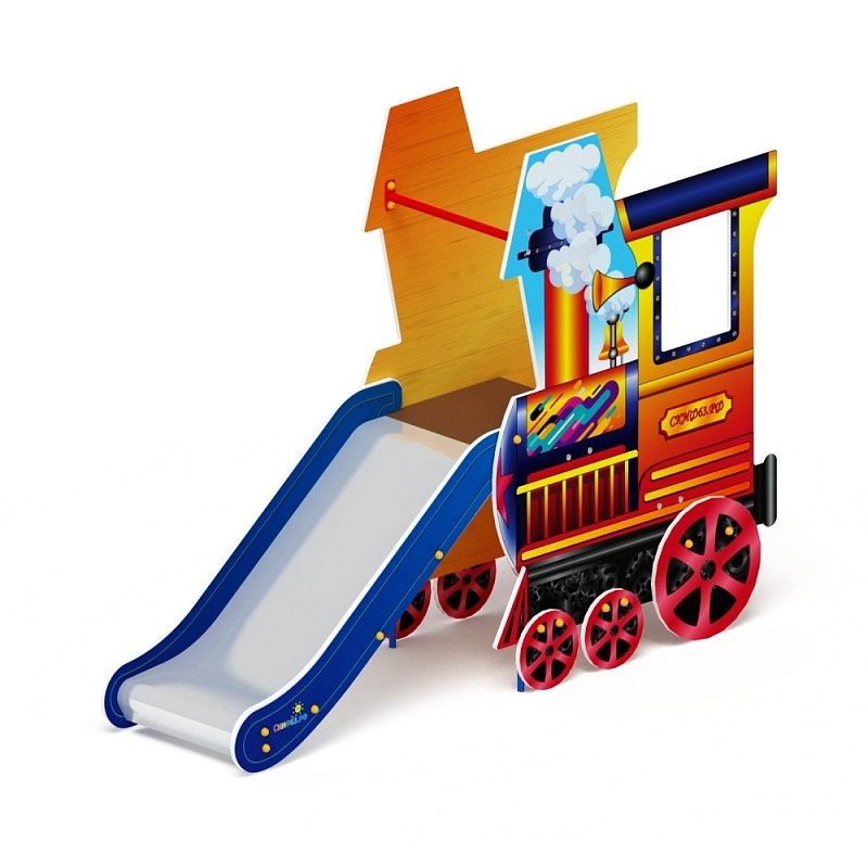 Горка Паровозик - ИО 41.03.01-01 - H=750 Габариты (ШхДхВ): 2190x570x1680 Зона безопасности, мм: 5690х3570 Скат горки: H=750 (металлический скат) Возрастные ограничения от 3 до 12 лет, весом не более 70 кг