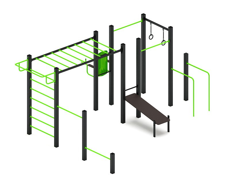 Многофункциональный спортивный комплекс (зеленый) МК 100.04-02 Габариты (ШхДхВ): 5600х4250х2500 Зона безопасности, мм: 8600х7250 Возрастные ограничения от 14 лет
