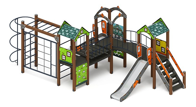 Городок (Город) - ДИК 2.01.3.02-01 - Игровой комплекс H=1200                                                                                                             Габариты (ШхДхВ): 3500x7570x3000                                                                                                                                                                      Зона безопасности, мм: 6600х10570                                                                                                                                                                                 Скат горки: H=1200 (металлический скат)