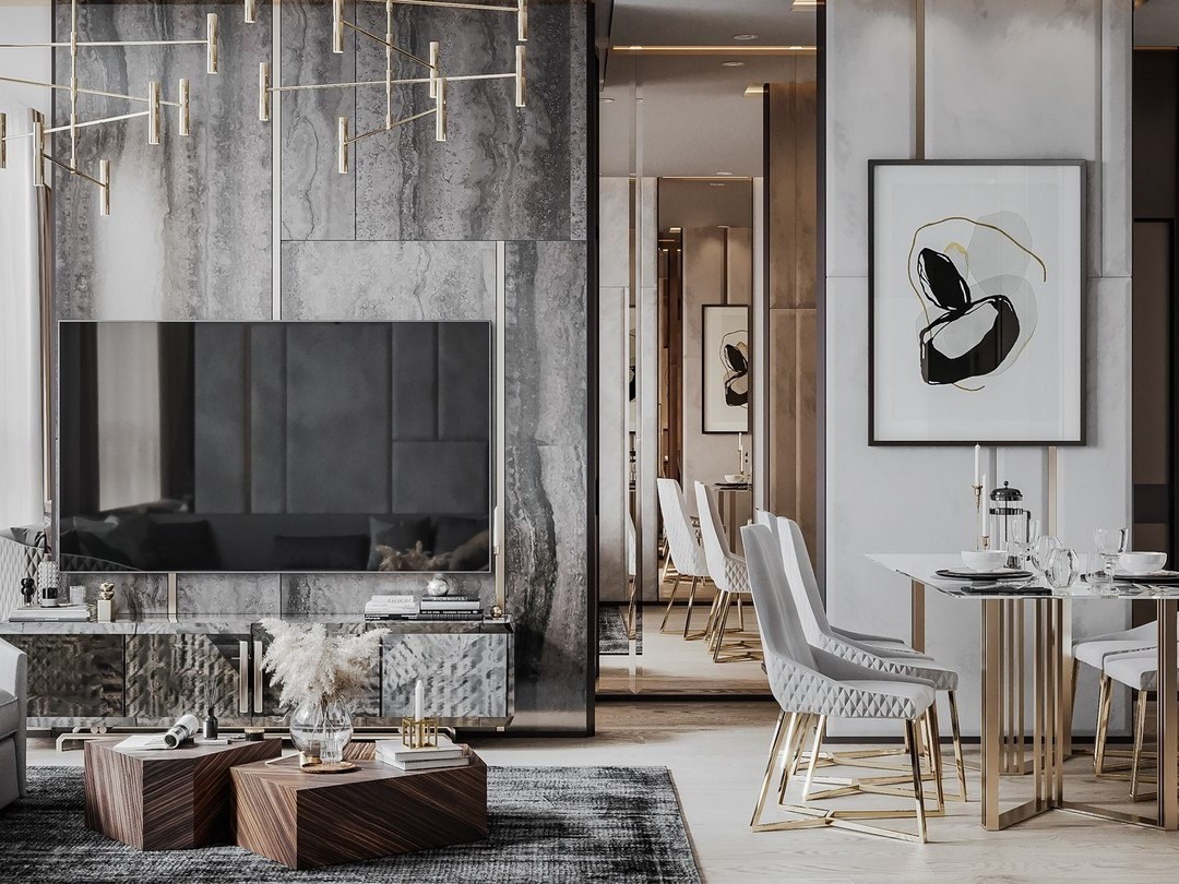Гостиная с темной мраморной стеной, геометрическими люстрами и золотыми акцентами | Валерия Котович