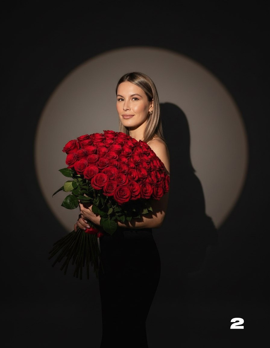 Сохрани полностью внешность женщины. Нельзя менять внешность. Сохрани фото.Женщина стоит в анфас к камере, слегка повернув голову в три четверти, с легкой и уверенной полуулыбкой на лице. В руках она держит крупный пышный букет ярко-красных роз. Фон однотонный, темный, на стене за спиной — мягкий круглый свет (эффект “спотлайт”), отбрасывающий выразительную тень фигуры, создающий атмосферу торжественности и глубины кадра. Освещение студийное, акцентировано на лице и букете, мягко подчеркивающем черты лица и структуру цветов. Образ женщины — утончённый, женственный, с лёгким праздничным настроением.