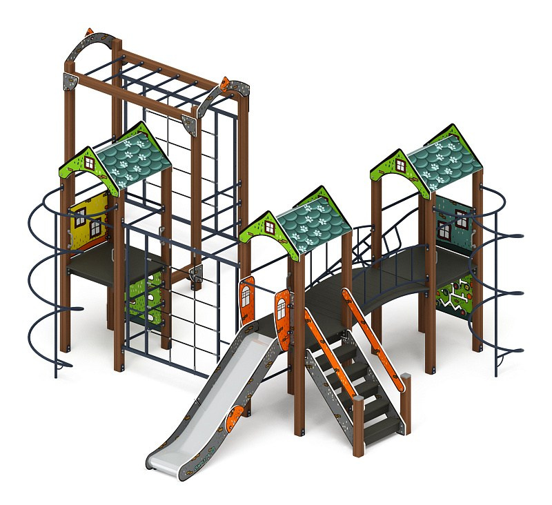 Городок (Город) - ДИК 2.01.3.04-01 - Игровой комплекс H=1200                                                                                                            Габариты (ШхДхВ): 5600x7100x3000                                                                                                                                                                     Зона безопасности, мм: 9100х10100                                                                                                                                                                                 Скат горки: H=1200 (металлический скат)