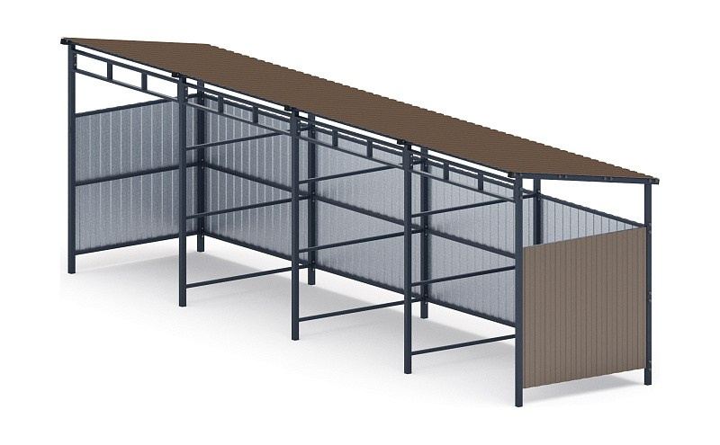 Навес контейнерной площадки для мусора (4 секции) МФ 55.02.03.4-02 Габариты (ШхДхВ): 1600х6700х2200 Зона безопасности, мм: 4600х9700