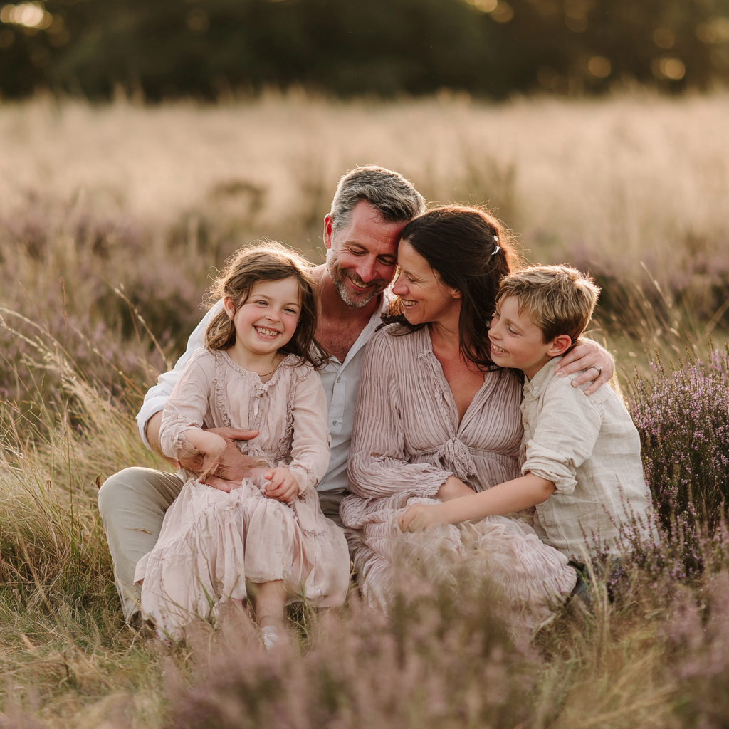Семейная фотосессия на природе — родители и дети вместе, тёплая семейная атмосфера, фотограф Карасёва Елена