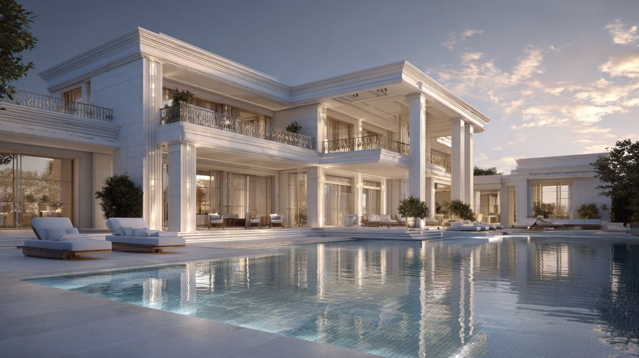 3D визуализация роскошного двухэтажного особняка в классическом стиле с высокими колоннами