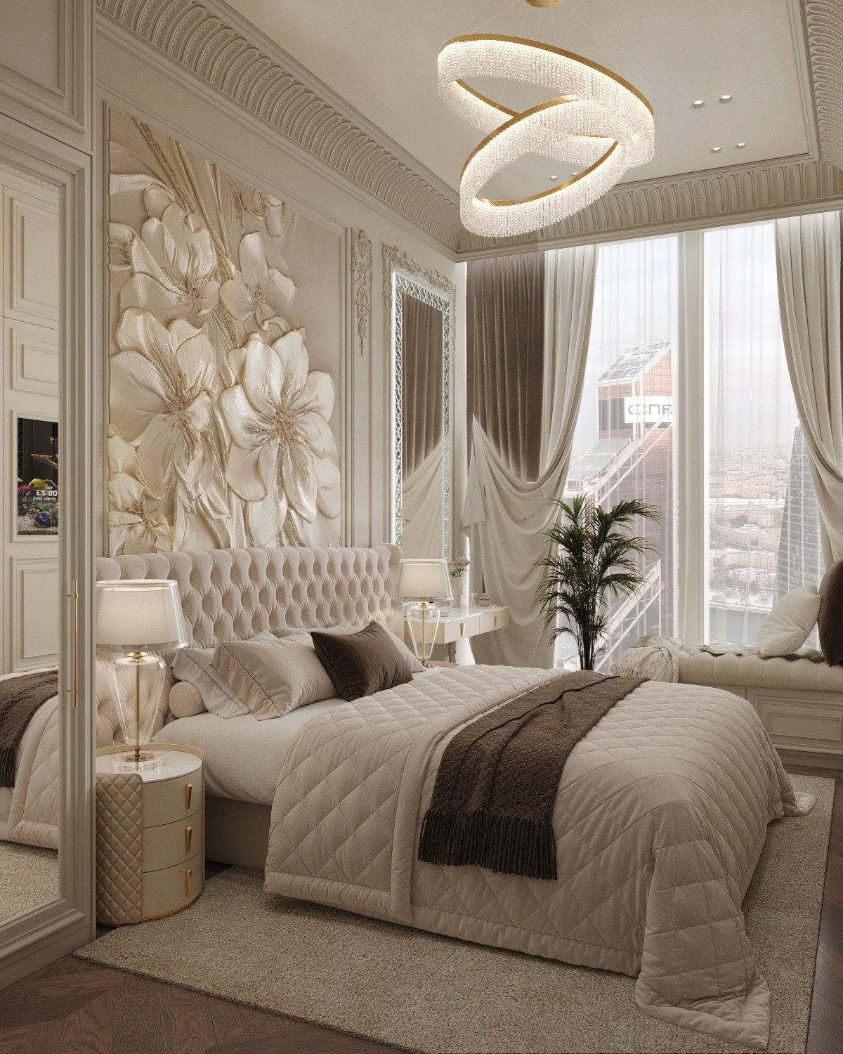 Спальня с крупной цветочной декоративной стеной и большой кроватью 