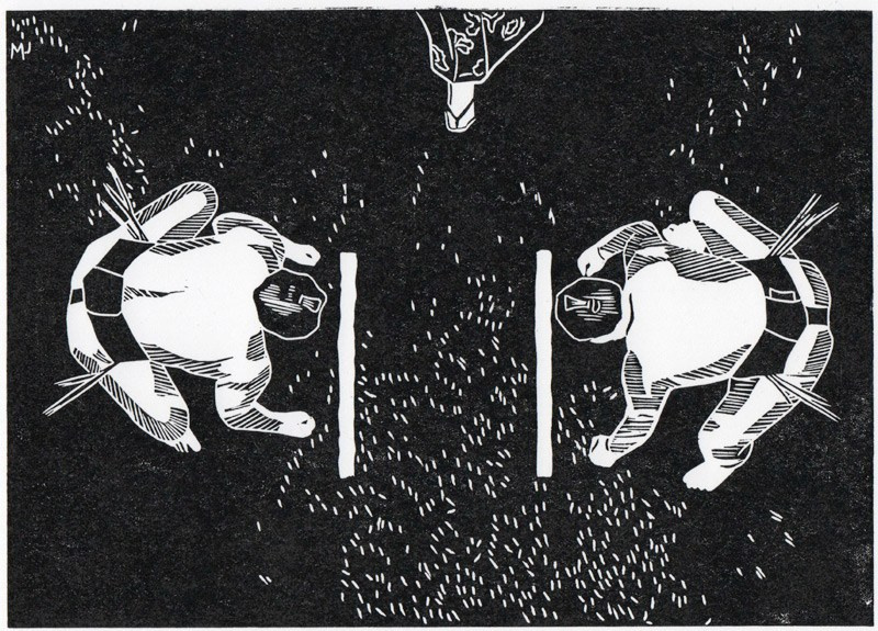 Серия линогравюр Grand Sumo Highlights  по мотивам турниров сумо. Авторская линогравюра, ручная печать на бумаге Ватман Гознак. 大相撲