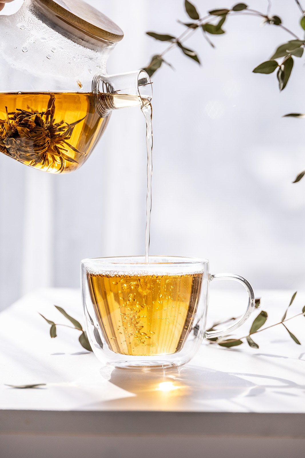 Стеклянный чайник с бамбуковой крышкой и травами | Контент для чайного блога