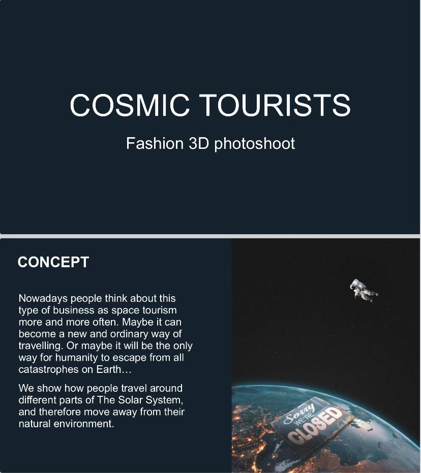 3D Fashion project “COSMIC TOURISTS”. Elizaveta Filchenko. Fashion-photographer and director