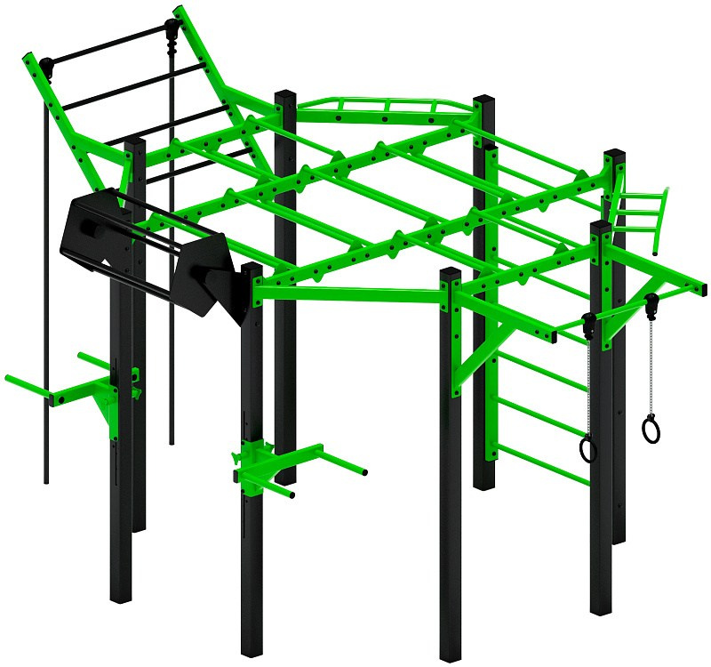 Многофункциональный спортивный комплекс (зеленый) МК 100.01-02 Габариты (ШхДхВ): 3680х4860х2780 Зона безопасности, мм: 6680х7860 Возрастные ограничения от 14 лет