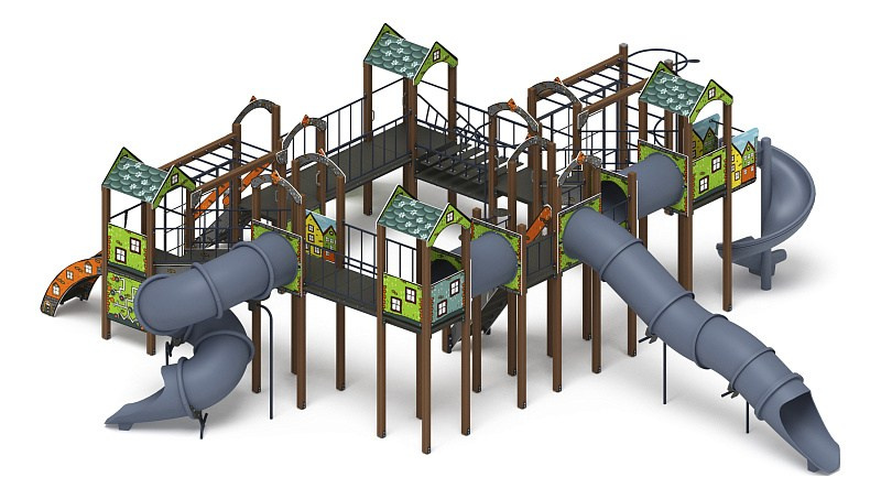 Остров детства (Город) - ДИК 2.01.8.02-31.И1 - Игровой комплекс H=2000                                                                                             Габариты (ШхДхВ): 12900x12370x4000                                                                                                                                                                   Зона безопасности, мм: 16400х15370                                                                                                                                                                     Скат горки: H=2000 (винтовой скат) / H=2000 (тоннельный винтовой скат) / H=2000 (тоннельный прямой скат)