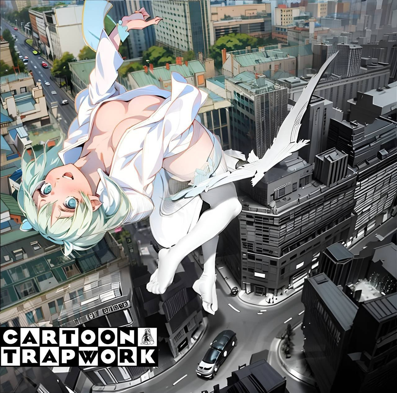 Обложка микстейпа Cartoon Trapwork — аниме-героиня над мегаполисом, дизайн обложки для рэп-релиза