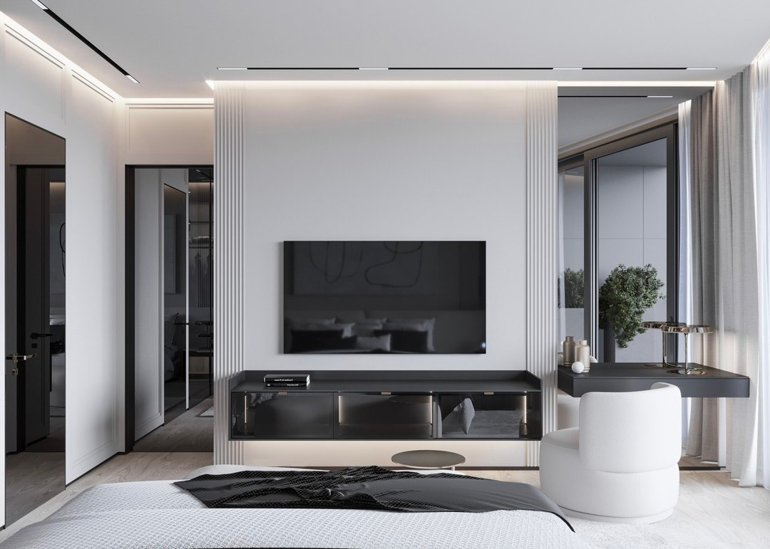 Современная спальня с ТВ-зоной и рабочим местом — интерьер Валерии Котович