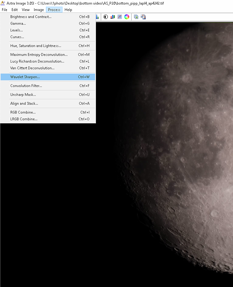Повышение резкости луны в Astra Image