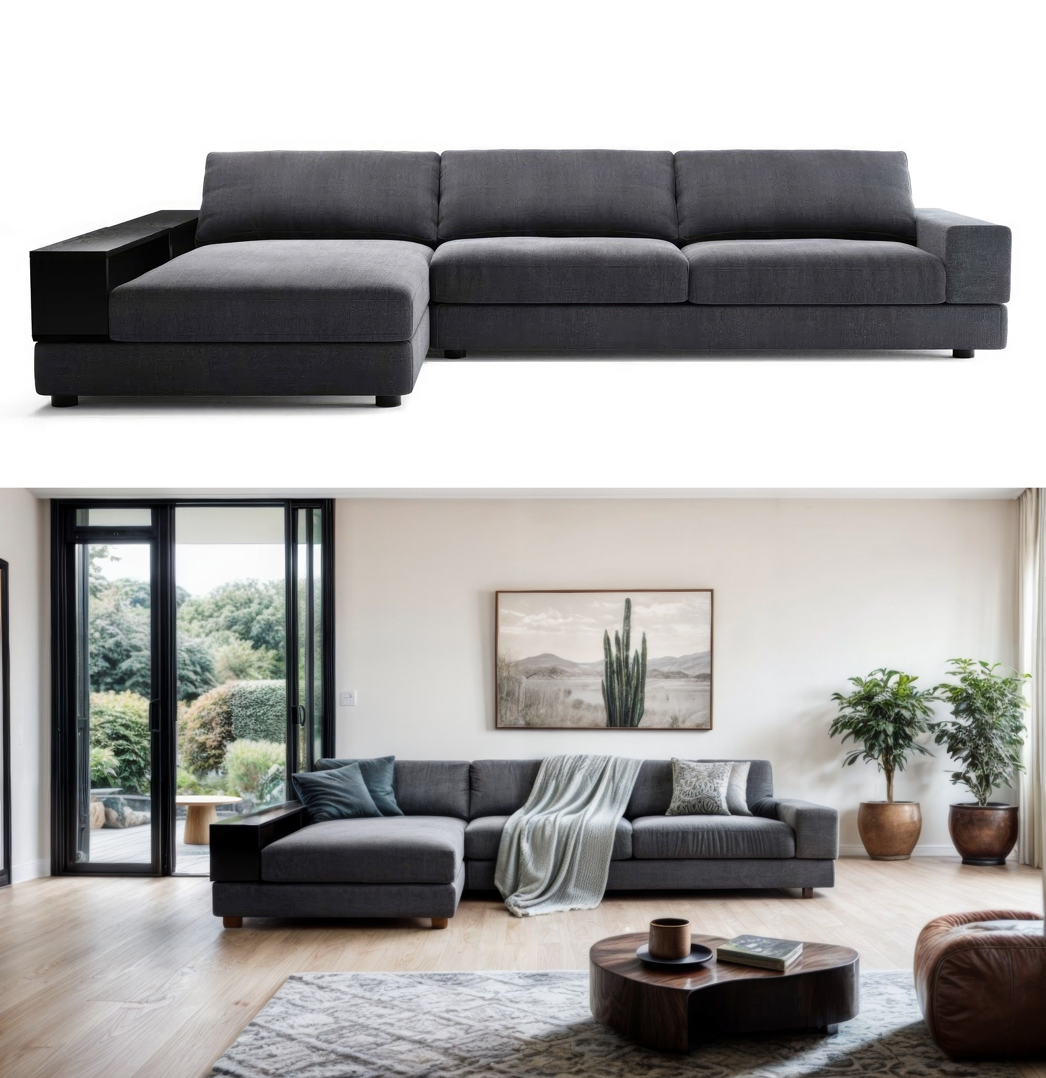 Тёмно-серый модульный диван сначала на белом фоне, затем в светлой гостиной с большими окнами