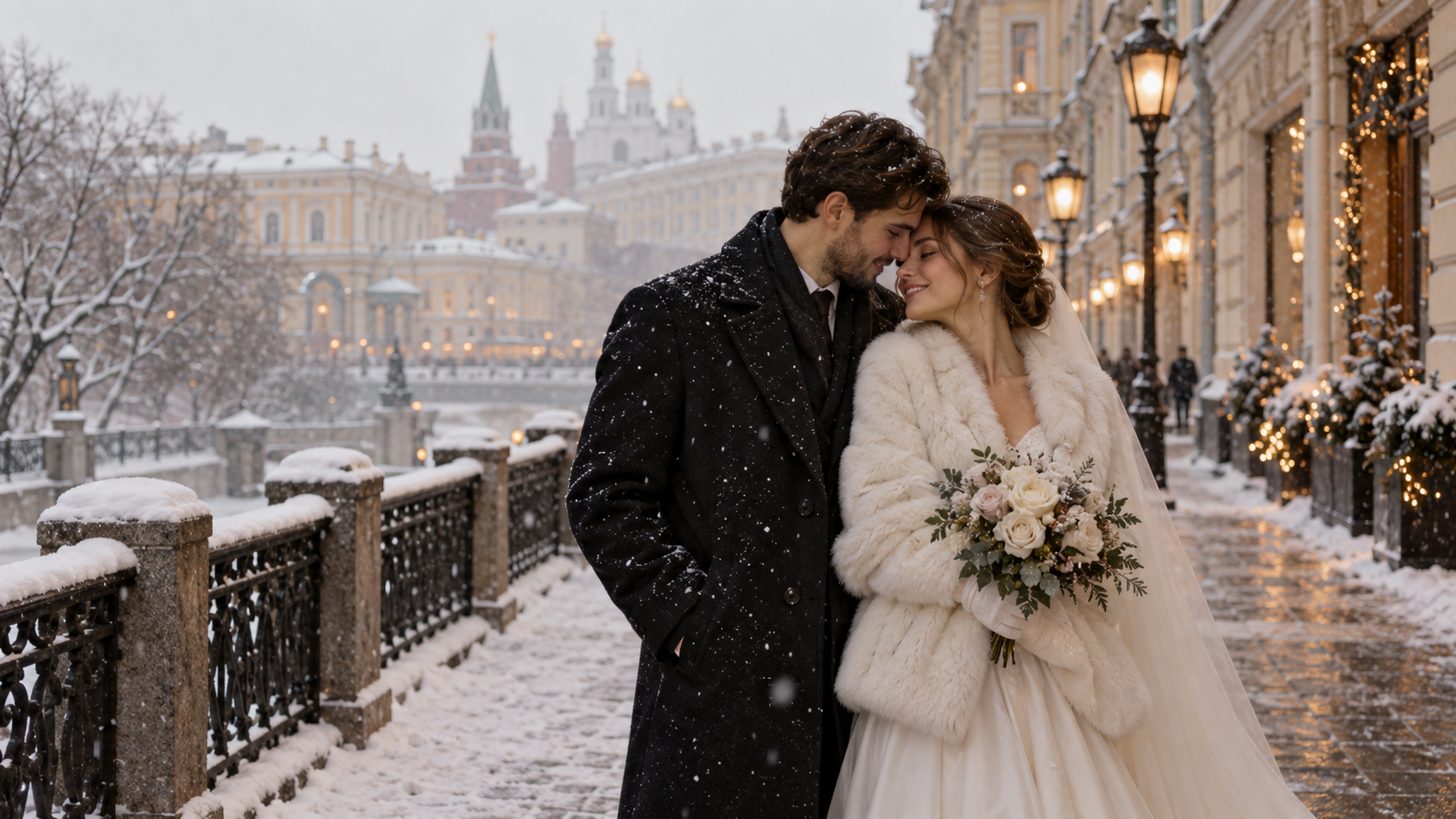 Illustrative winter wedding photograph of a couple on a snowy Moscow street
