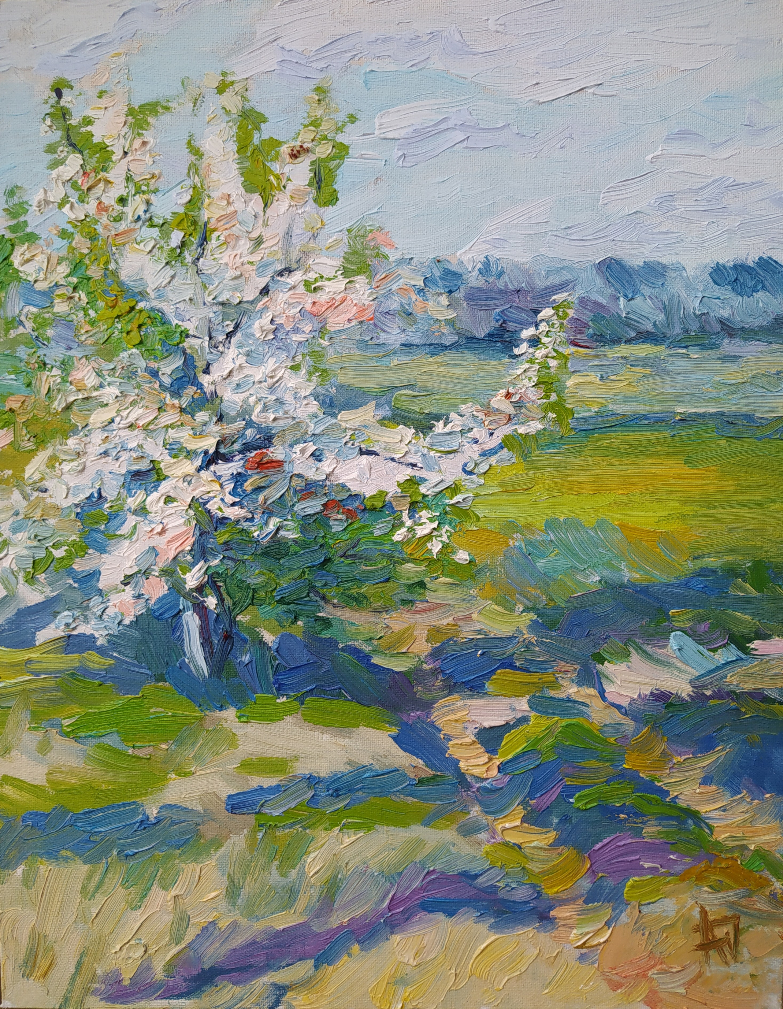 картины, живопись, масло, акрил, интерьерные картины, пейзаж, цвет, яблоня, весна