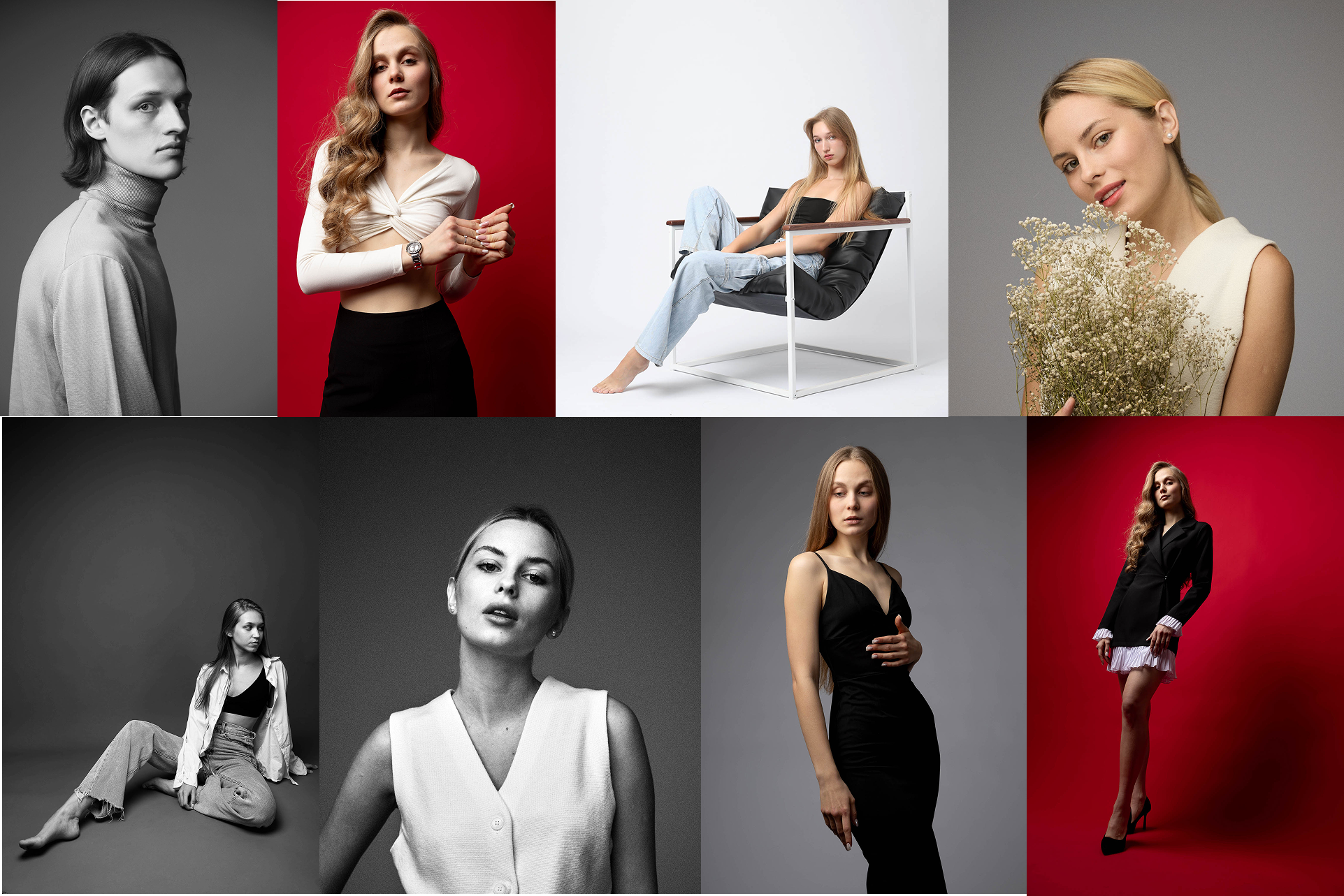 Групповой портрет в студии: разные образы моделей на профессиональной фотосессии.