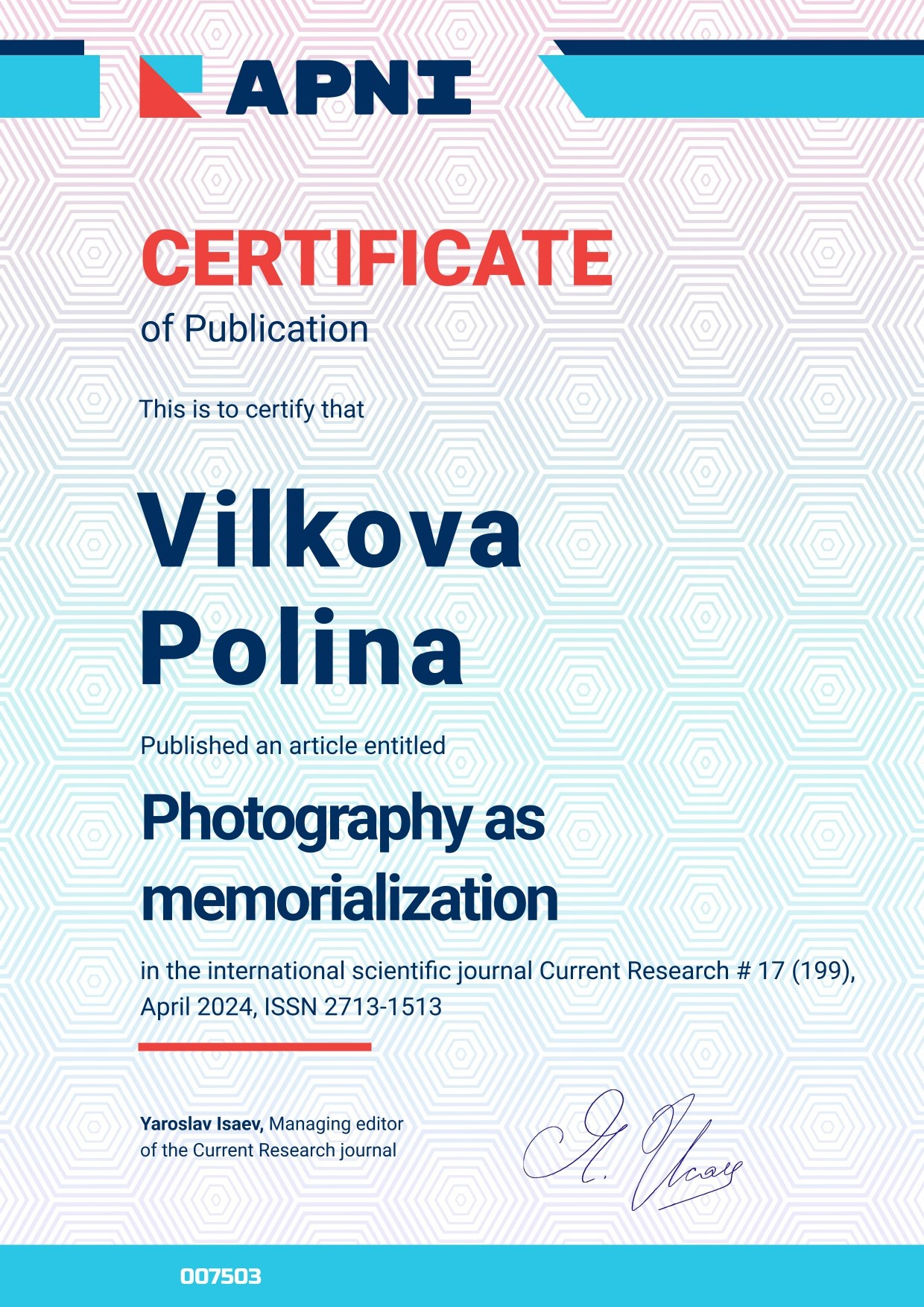 Awards & Publications. Polina Vilkova