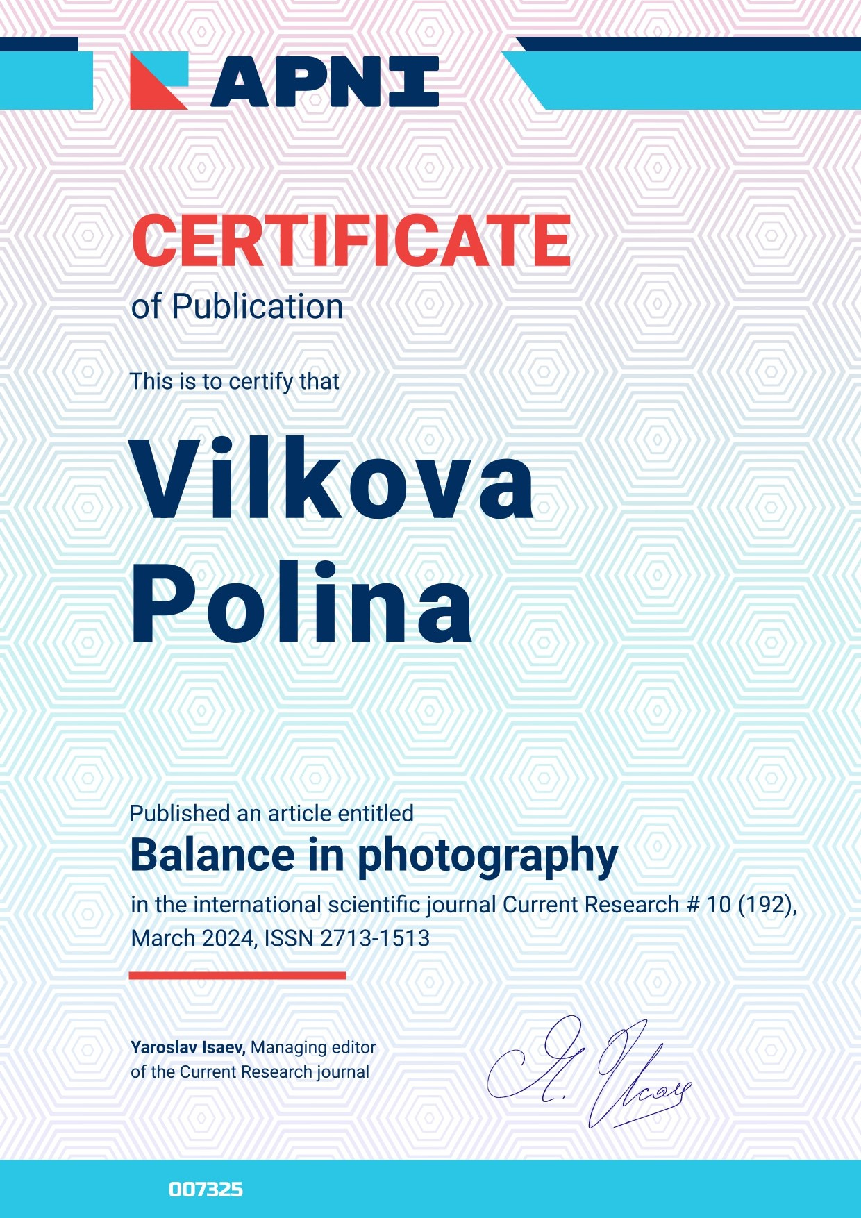 Awards & Publications. Polina Vilkova