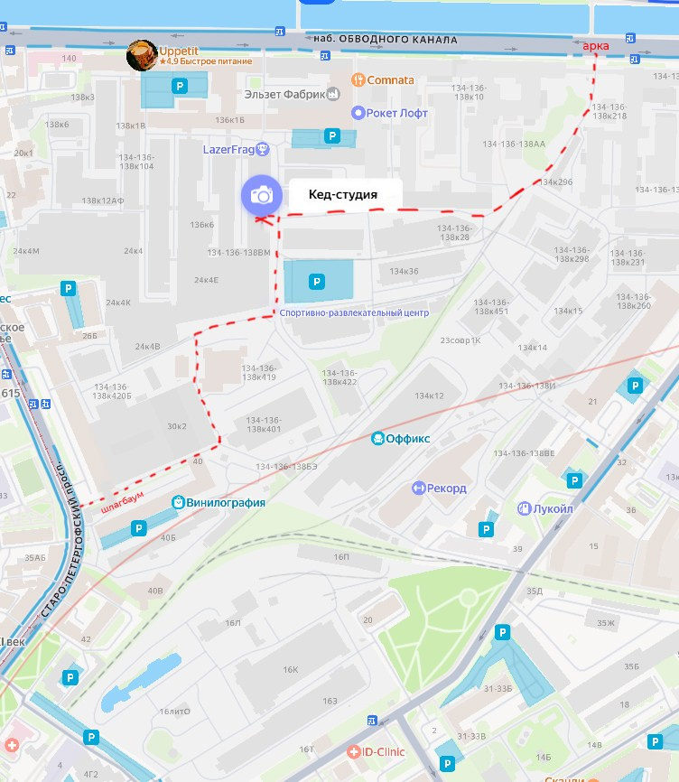 Карта с указанием маршрута от входа на территорию до офиса
