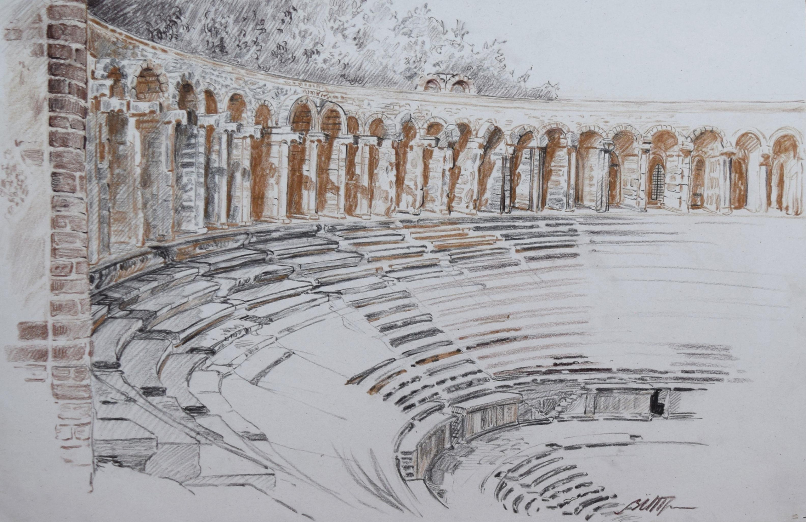 Сангина. Смешанная техника. Картина. Римский Амфитеатр. Аспендос. Путешествия. Турция.