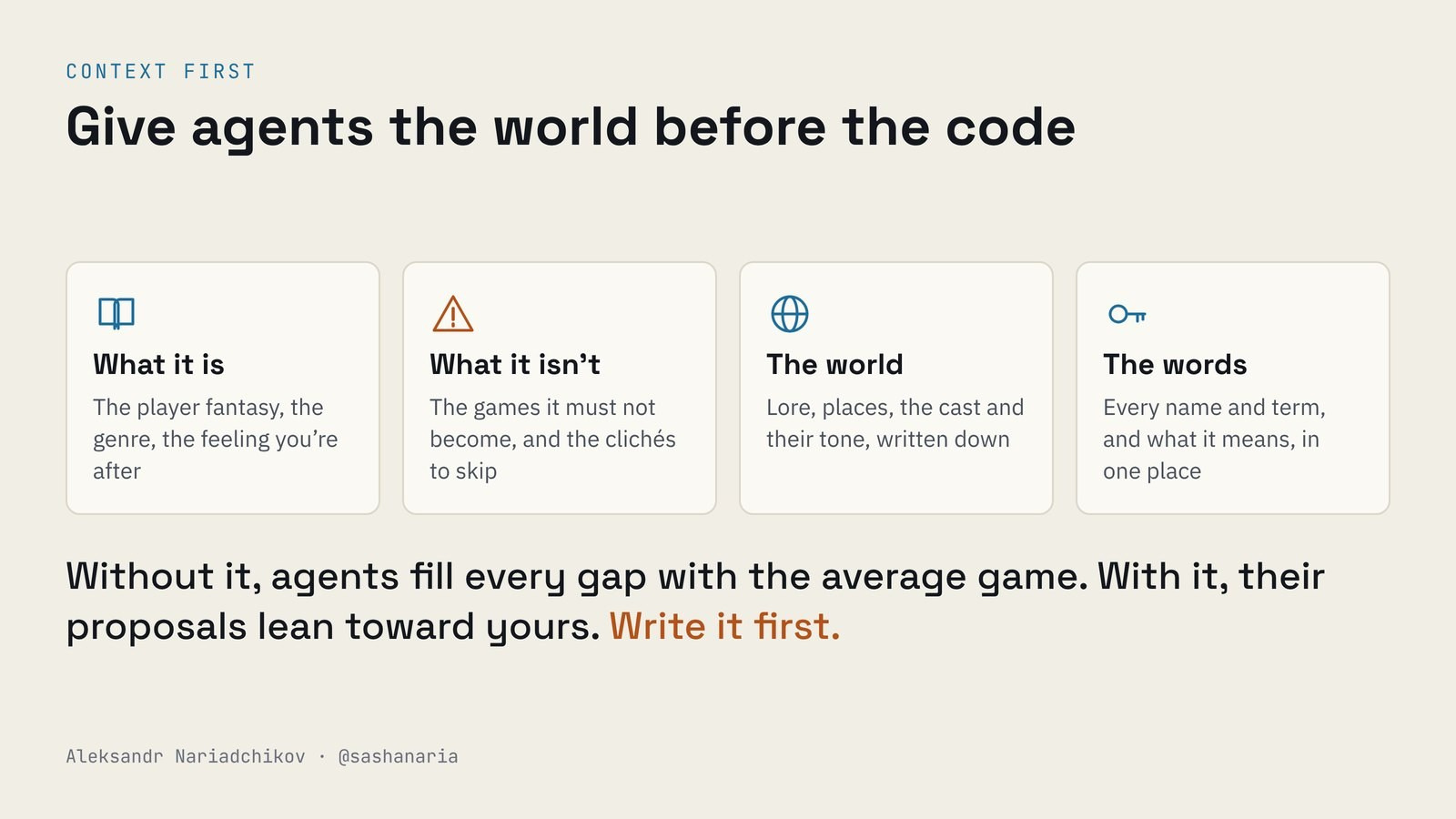 Four things to write down first: what the game is, what it isn't, the world, and the words