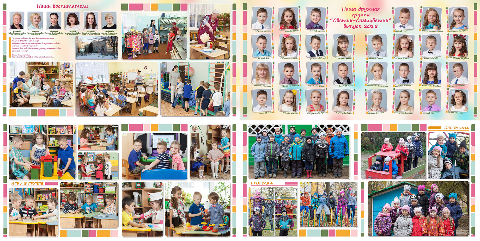 Коллаж из четырех разворотов выпускного альбома для детского сада.