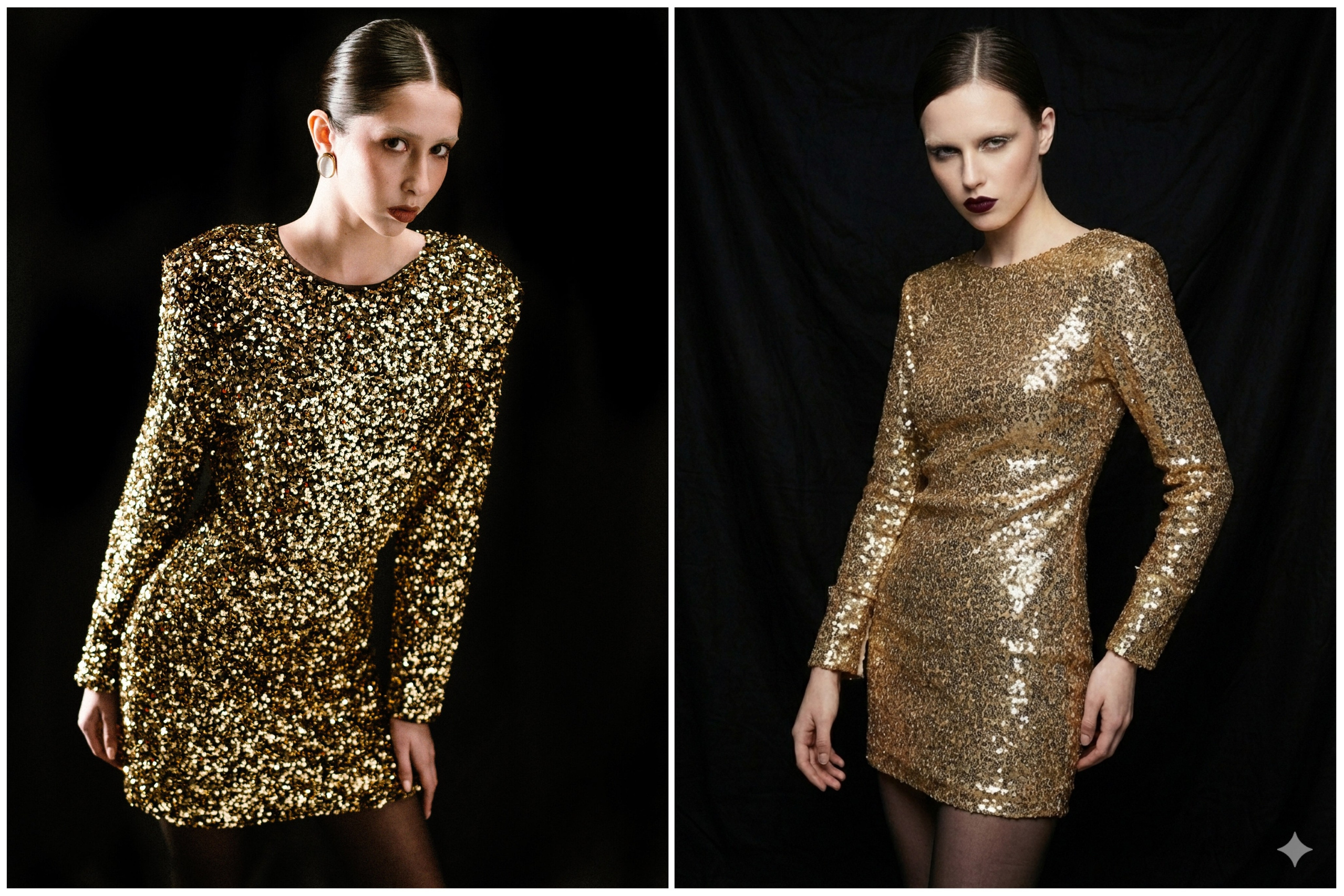 Коллаж из двух фотографий, где слева фотография фотограф а. На ней изображена девушка в золотом коротком платье с пайетками, с модным макияжем и прической. Справа сгенерирована фотография нейросетью с той же идеей, что и фотография слева.  