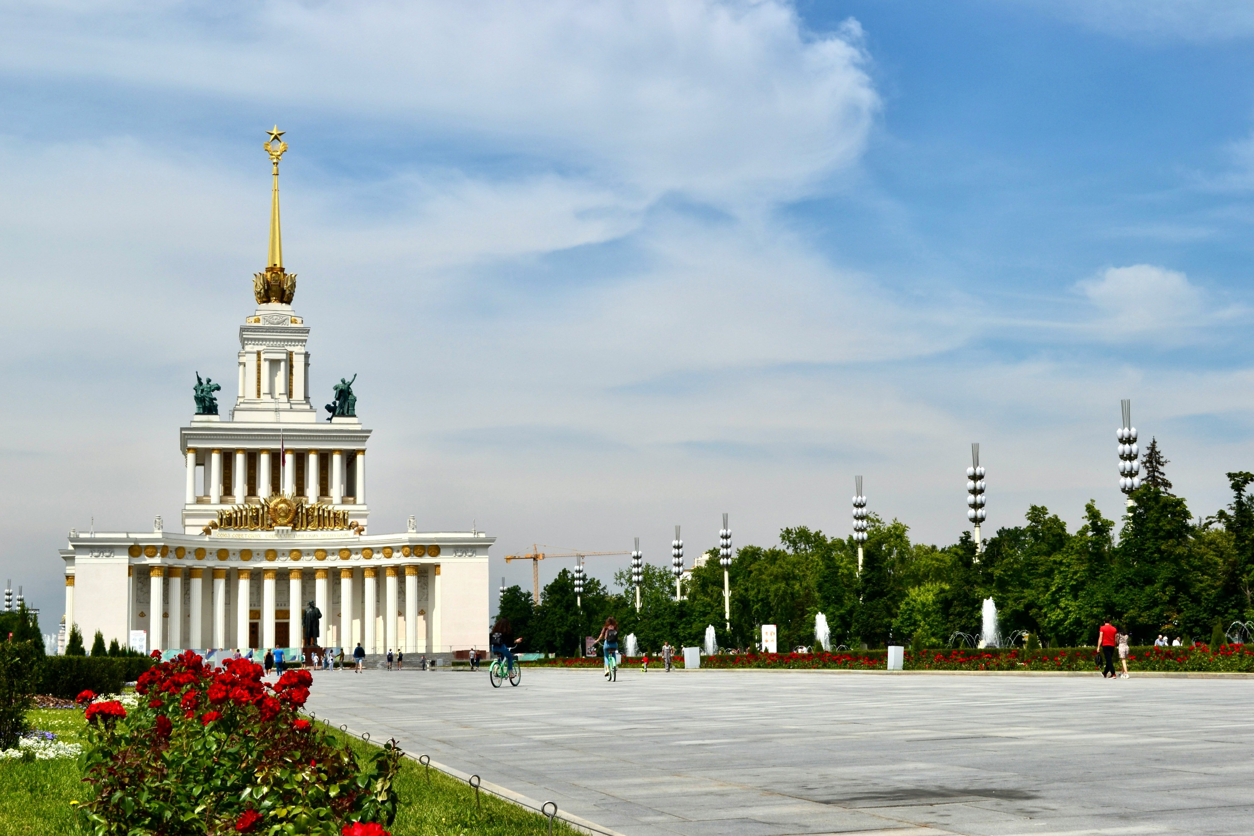 VDNKh exhibition center with historic pavilions and fountains in Moscow